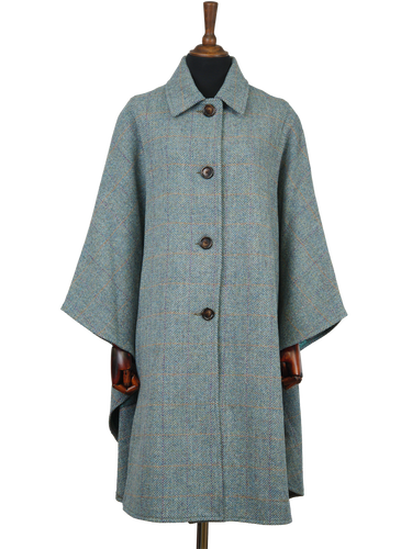 Harris Tweed Ladies Buttoned Long Cape - Opal HB132