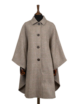 Harris Tweed Ladies Buttoned Long Cape - Oat Pink Herringbone