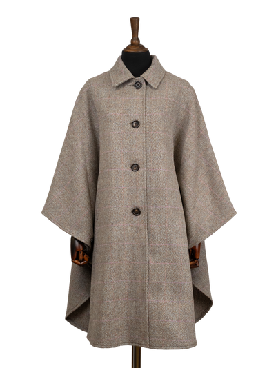 Harris Tweed Ladies Buttoned Long Cape - Oat Pink Herringbone