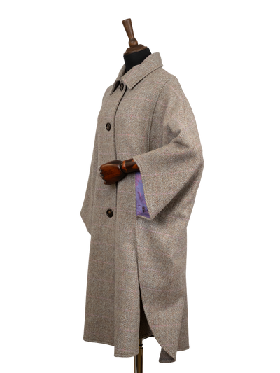 Harris Tweed Ladies Buttoned Long Cape - Oat Pink Herringbone