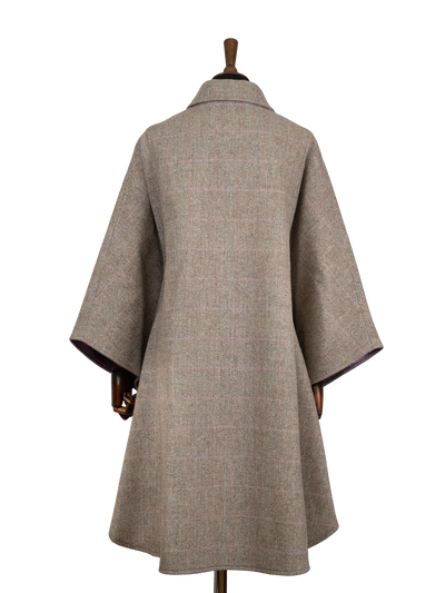 Harris Tweed Ladies Buttoned Long Cape - Oat Pink Herringbone