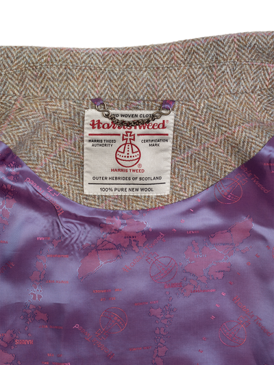 Harris Tweed Ladies Buttoned Long Cape - Oat Pink Herringbone