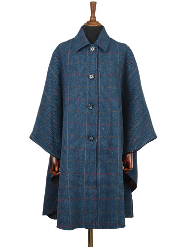 Harris Tweed Ladies Buttoned Long Cape - Ocean
