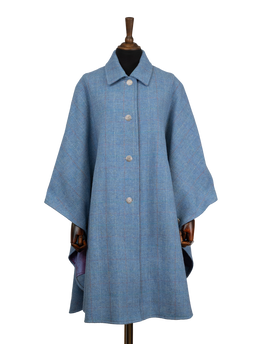 Harris Tweed Ladies Buttoned Long Cape - Sky Windowpane
