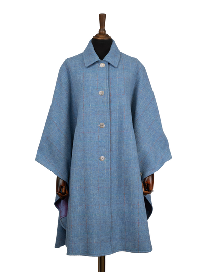 Harris Tweed Ladies Buttoned Long Cape - Sky Windowpane
