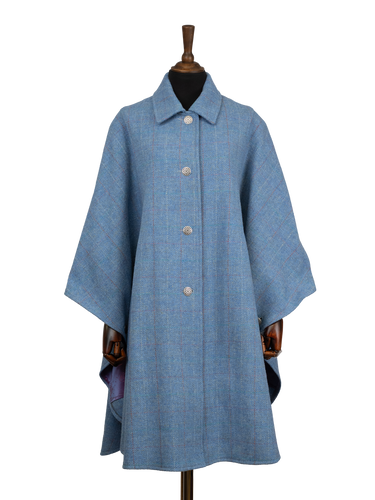 Harris Tweed Ladies Buttoned Long Cape - Sky Windowpane
