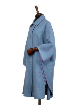 Harris Tweed Ladies Buttoned Long Cape - Sky Windowpane
