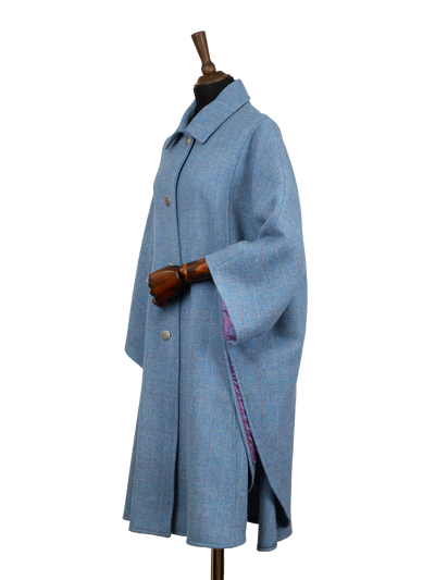 Harris Tweed Ladies Buttoned Long Cape - Sky Windowpane