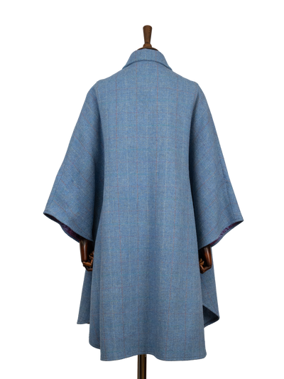 Harris Tweed Ladies Buttoned Long Cape - Sky Windowpane