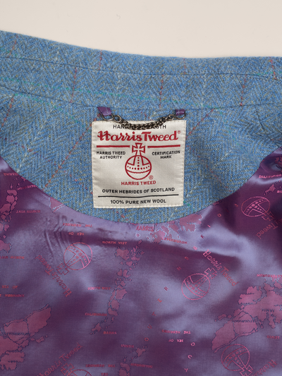 Harris Tweed Ladies Buttoned Long Cape - Sky Windowpane