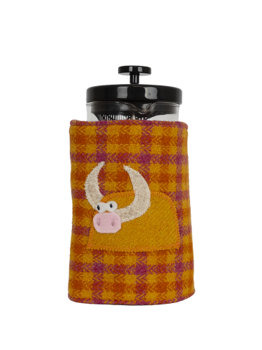 Harris Tweed Cafetiere Cosy - Orange Check (Cow Left)