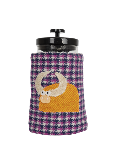 Harris Tweed Cafetiere Cosy - Purple Navy Houndstooth (Cow Left)