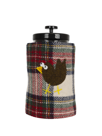 Harris Tweed Cafetiere Cosy - Green Red White Tartan (Hen Left)