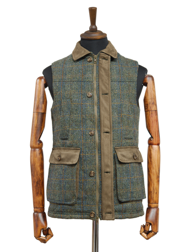 Harris Tweed Chuck Country Gilet - Green Herringbone With Overcheck