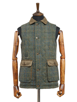 Harris Tweed Chuck Country Gilet Green Herringbone With Overcheck