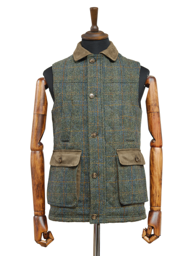 Harris Tweed Chuck Country Gilet - Green Herringbone With Overcheck