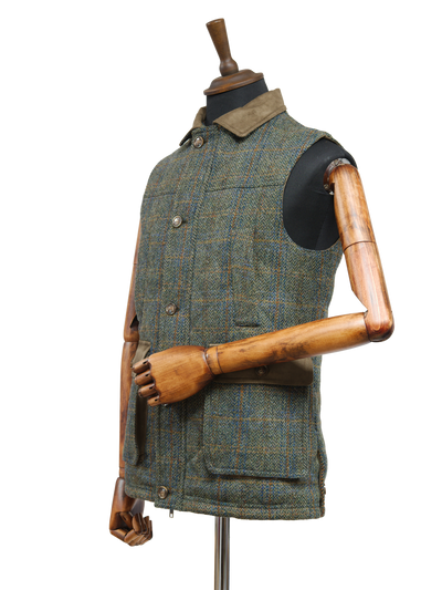 Harris Tweed Chuck Country Gilet Green Herringbone With Overcheck
