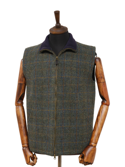 Harris Tweed Gilet Green Herringbone With Overcheck