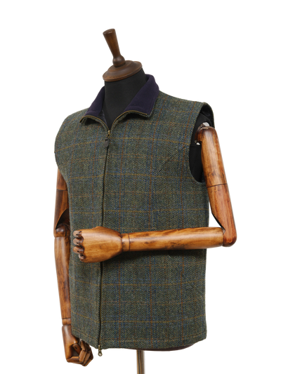 Harris Tweed Gilet Green Herringbone With Overcheck