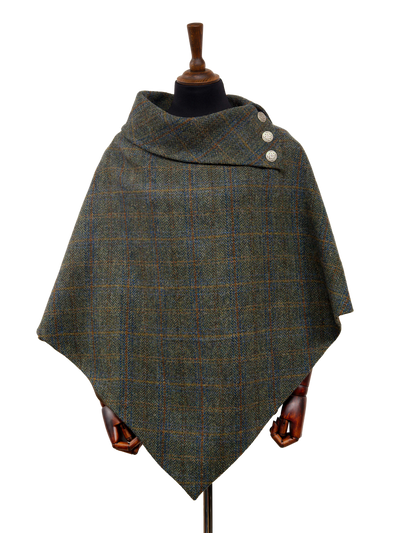Harris Tweed Ladies Celtic Cape Green Herringbone With Overcheck