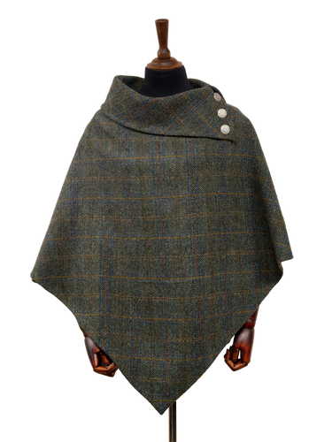 Harris Tweed Ladies Celtic Cape - Green Herringbone With Overcheck