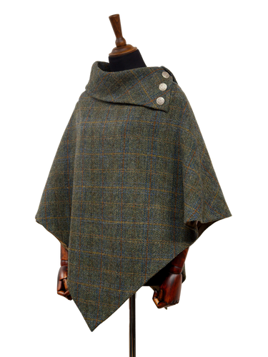 Harris Tweed Ladies Celtic Cape - Green Herringbone With Overcheck
