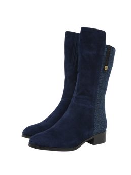 Harris Tweed Brodie Calf Length Boots Navy Herringbone