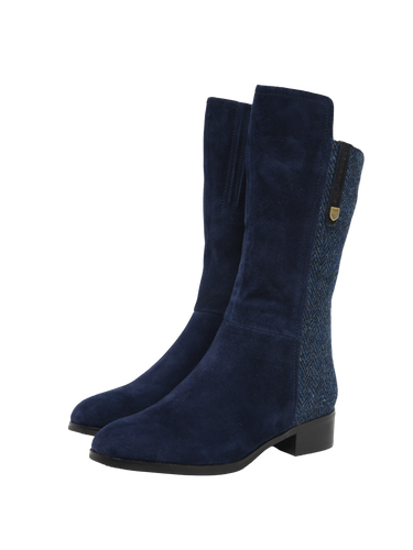 Harris Tweed Brodie Calf Length Boots - Navy Herringbone