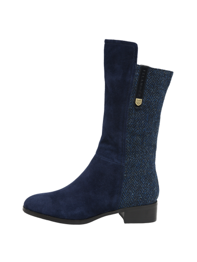Harris Tweed Brodie Calf Length Boots Navy Herringbone