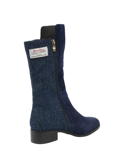 Harris Tweed Brodie Calf Length Boots Navy Herringbone