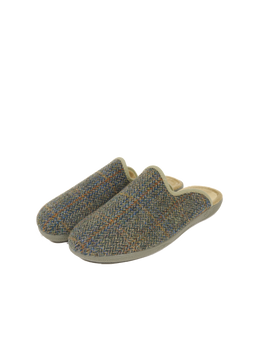 Harris Tweed Gents Slippers Green Herringbone With Overcheck