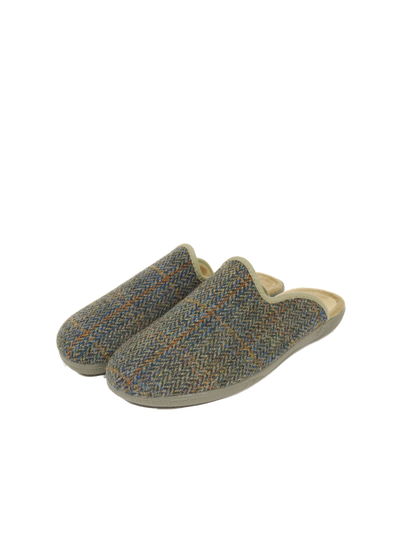 Harris Tweed Gents Slippers Green Herringbone With Overcheck
