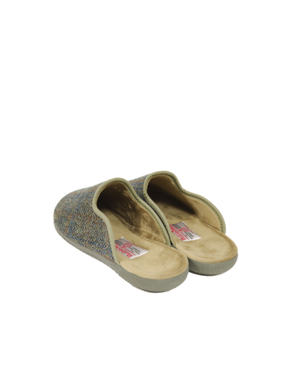 Harris Tweed Gents Slippers Green Herringbone With Overcheck