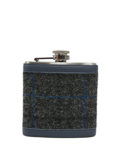 Harris Tweed Hip Flask - Grey Windowpane (Navy Leather)