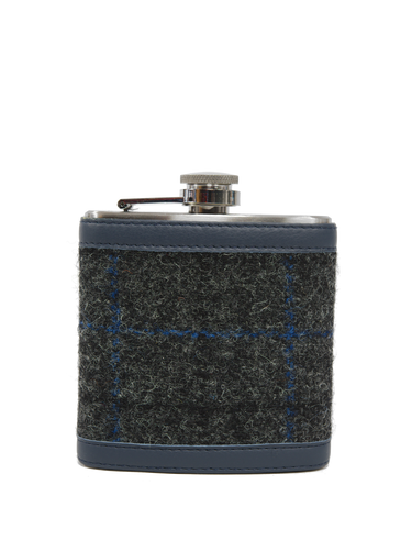 Harris Tweed Hip Flask - Grey Windowpane (Navy Leather)