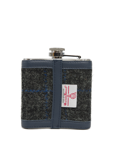 Harris Tweed Hip Flask - Grey Windowpane (Navy Leather)
