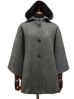 Harris Tweed Ladies Hooded Cape HB64 Black/Grey Herringbone