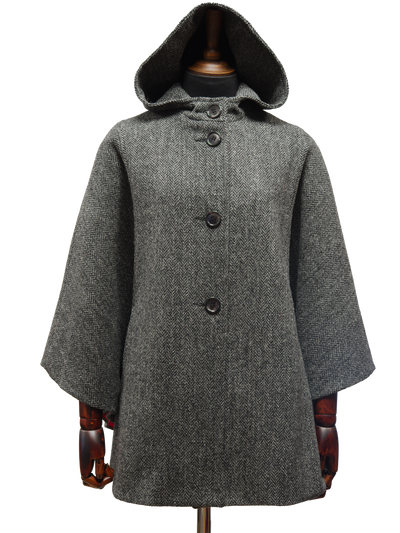 Harris Tweed Ladies Hooded Cape HB64 Black/Grey Herringbone