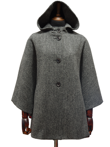 Harris Tweed Ladies Hooded Cape - HB64 Black/Grey Herringbone