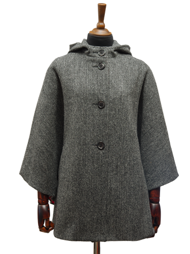 Harris Tweed Ladies Hooded Cape - HB64 Black/Grey Herringbone