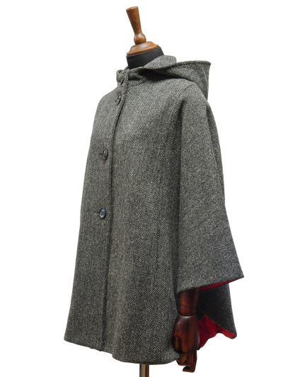 Harris Tweed Ladies Hooded Cape HB64 Black/Grey Herringbone