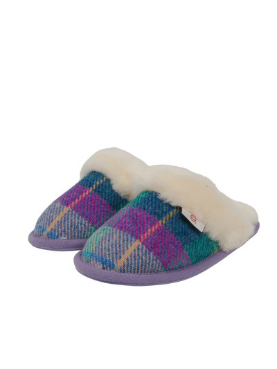 Harris Tweed Kate Slippers - Lilac/Blue Check