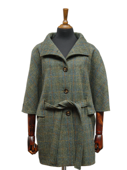 Harris Tweed Ladies Belted Cape Green Herringbone w/Overcheck