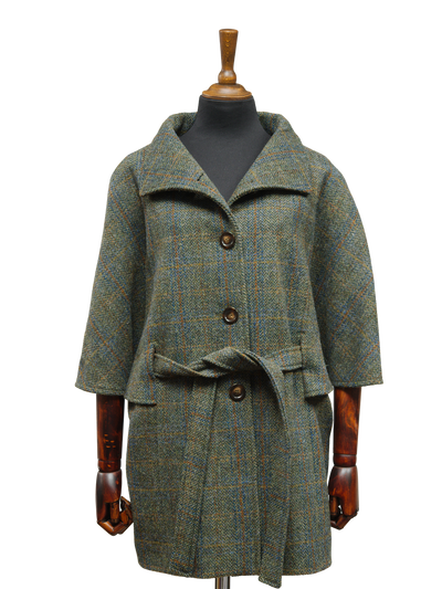 Harris Tweed Ladies Belted Cape Green Herringbone w/Overcheck