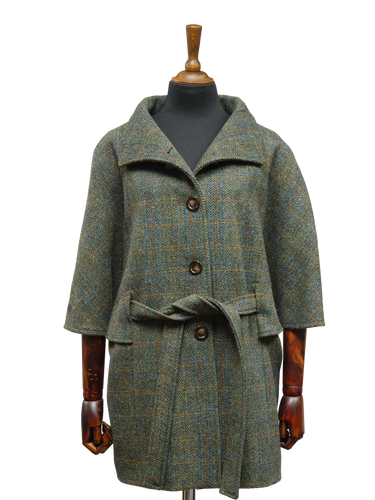 Harris Tweed Ladies Belted Cape - Green Herringbone With Overcheck
