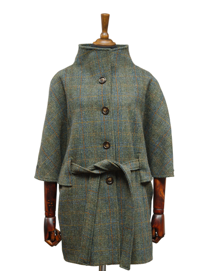 Harris Tweed Ladies Belted Cape Green Herringbone w/Overcheck