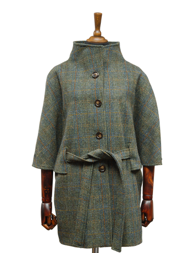 Harris Tweed Ladies Belted Cape - Green Herringbone With Overcheck
