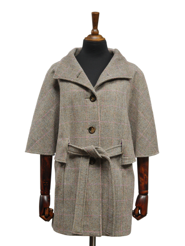 Harris Tweed Ladies Belted Cape - Oatmeal Herringbone With Pink Overcheck