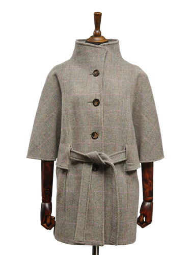 Harris Tweed Ladies Belted Cape - Oatmeal Herringbone With Pink Overcheck