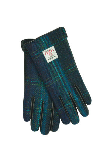 Harris Tweed Ladies Gloves - Blue With Turquoise Overcheck (GA)